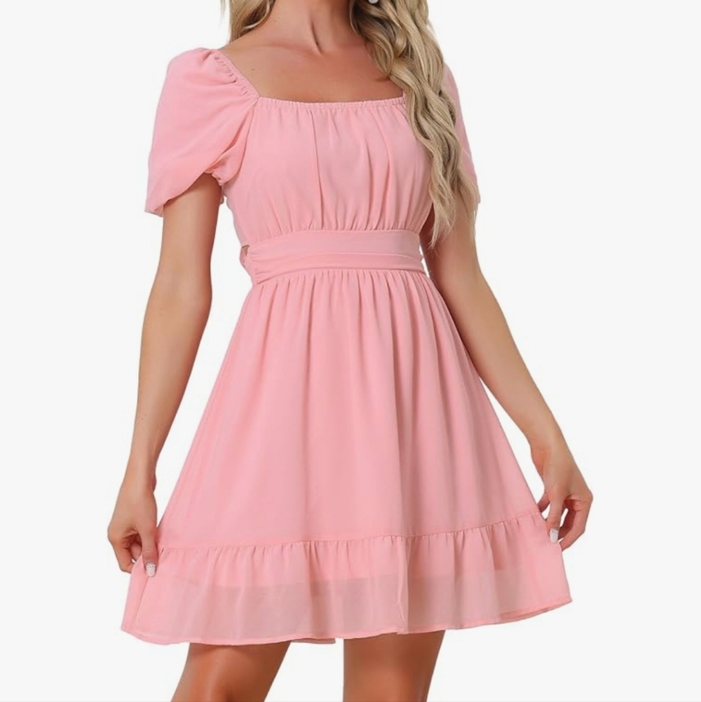 Nwt Allegra K Pink Square Neck Puff Sleeve Tie Back Dress